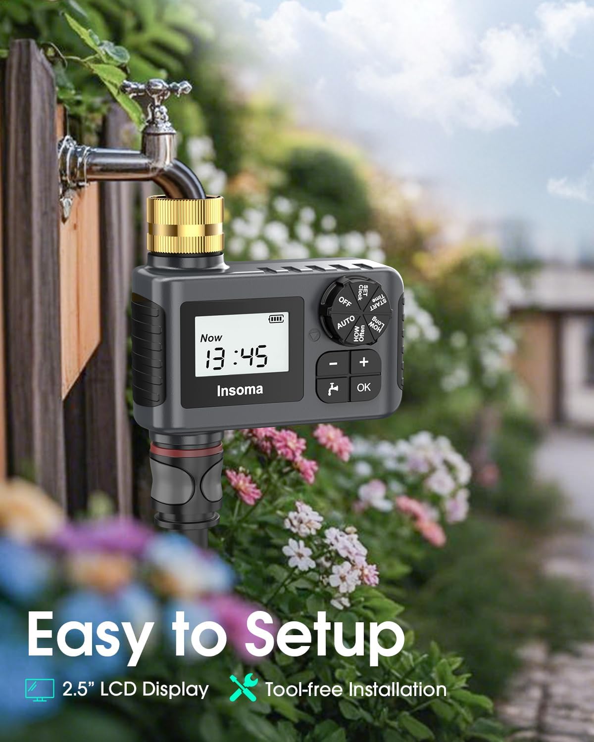 Water Timer with Brass Inlet, 2 Independent Zones Outdoor Hose Timer for Garden Faucet with Auto/Manual/Rain Delay Mode, Sprinkler Irrigation Timers for Yard Lawn