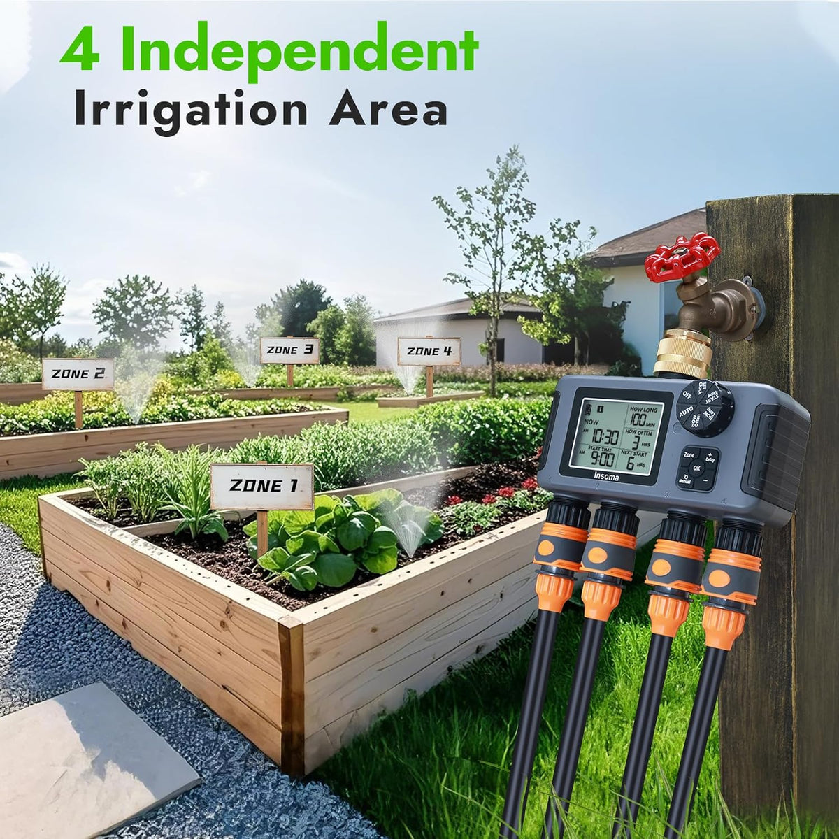 Water Timer with Brass Inlet, 2 Independent Zones Outdoor Hose Timer for Garden Faucet with Auto/Manual/Rain Delay Mode, Sprinkler Irrigation Timers for Yard Lawn
