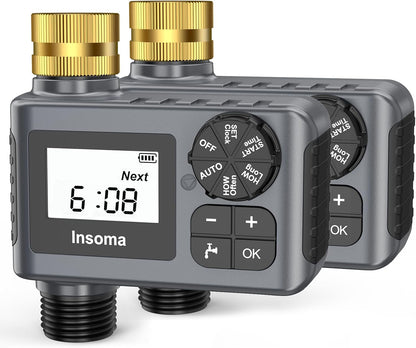 Water Timer with Brass Inlet, 2 Independent Zones Outdoor Hose Timer for Garden Faucet with Auto/Manual/Rain Delay Mode, Sprinkler Irrigation Timers for Yard Lawn