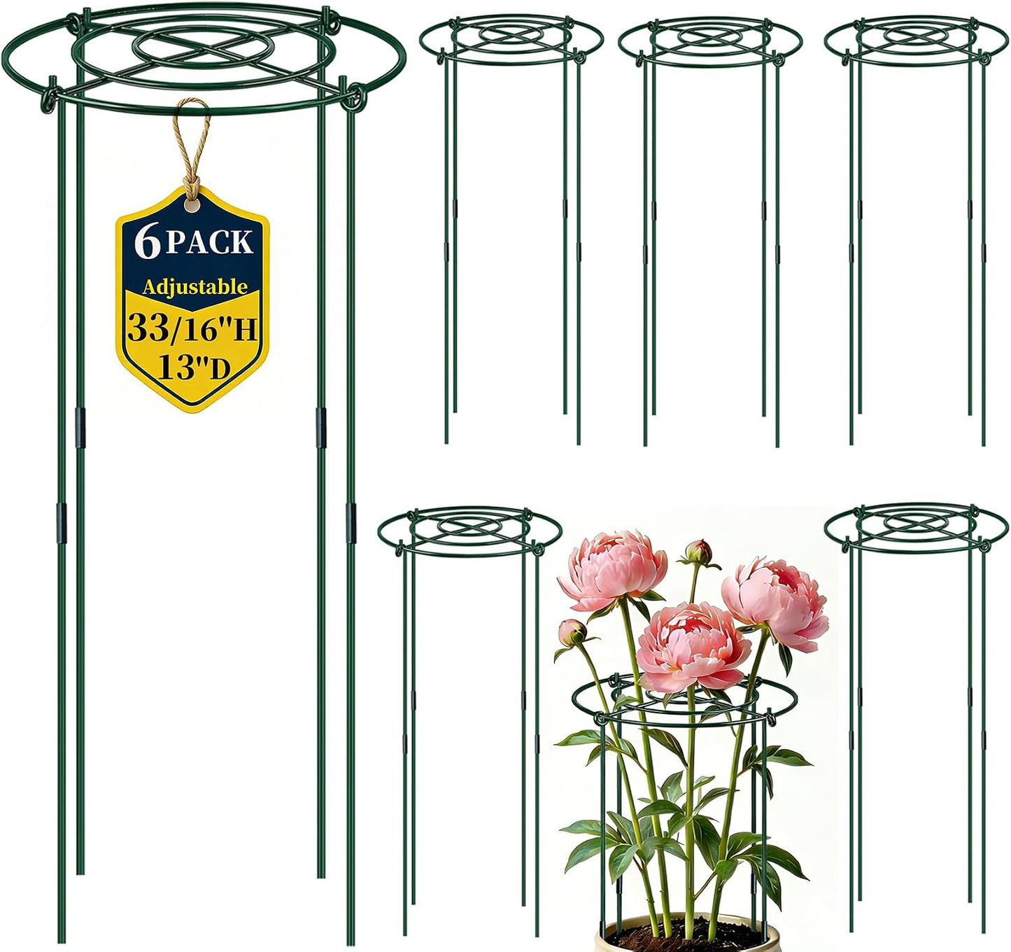 6Pack Peony Cages and Supports 33''H x 13''D Grow Through Large Plant Support, Adjustable High, Heavy Duty, Rust-Resistant, Round, Flower Support Cage Ring for Rose Tomato Hydrangea