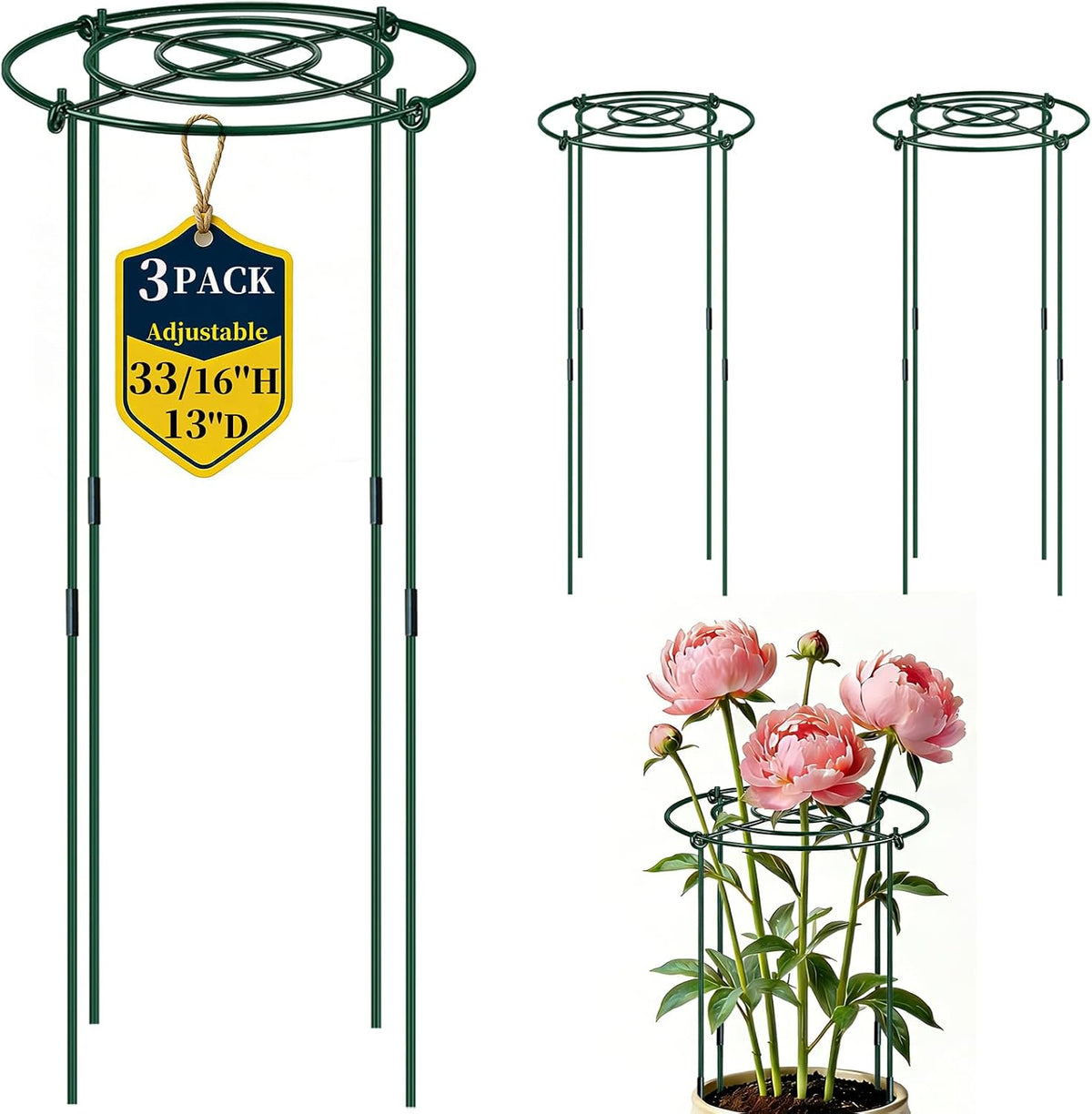 6Pack Peony Cages and Supports 33''H x 13''D Grow Through Large Plant Support, Adjustable High, Heavy Duty, Rust-Resistant, Round, Flower Support Cage Ring for Rose Tomato Hydrangea