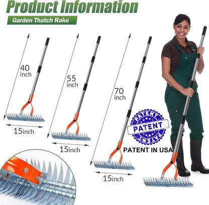 Thatch Rake for Lawn with Adjustable Handle Heavy Duty Steel Lawn Rake