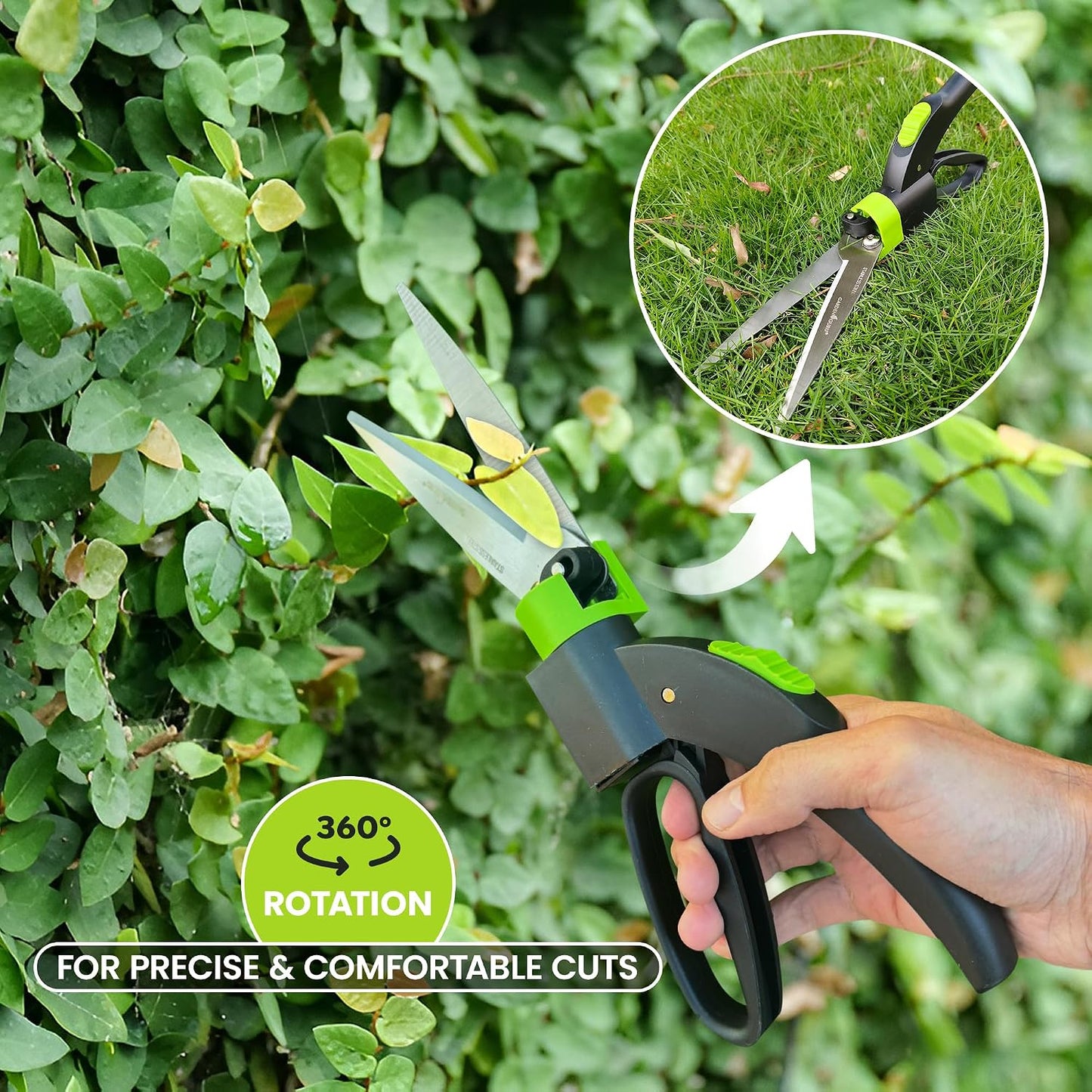 Hand Grass Clipper Scissors 360 Degree Rotatable Cutter Head - Ultra Sharp Stainless Steel Grass Shears - Comfort Grip Handles - Perfect for Edging Lawn, Trimming Shrubs & Flowers