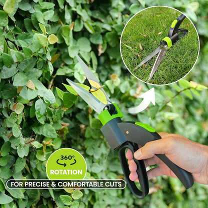 Hand Grass Clipper Scissors 360 Degree Rotatable Cutter Head - Ultra Sharp Stainless Steel Grass Shears - Comfort Grip Handles - Perfect for Edging Lawn, Trimming Shrubs & Flowers