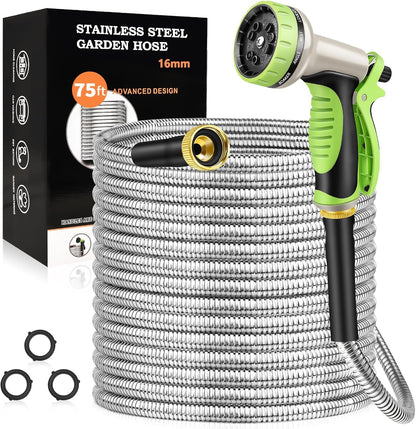 75FT Garden Hose, Stainless Steel Water Hose, 10 Function Nozzle