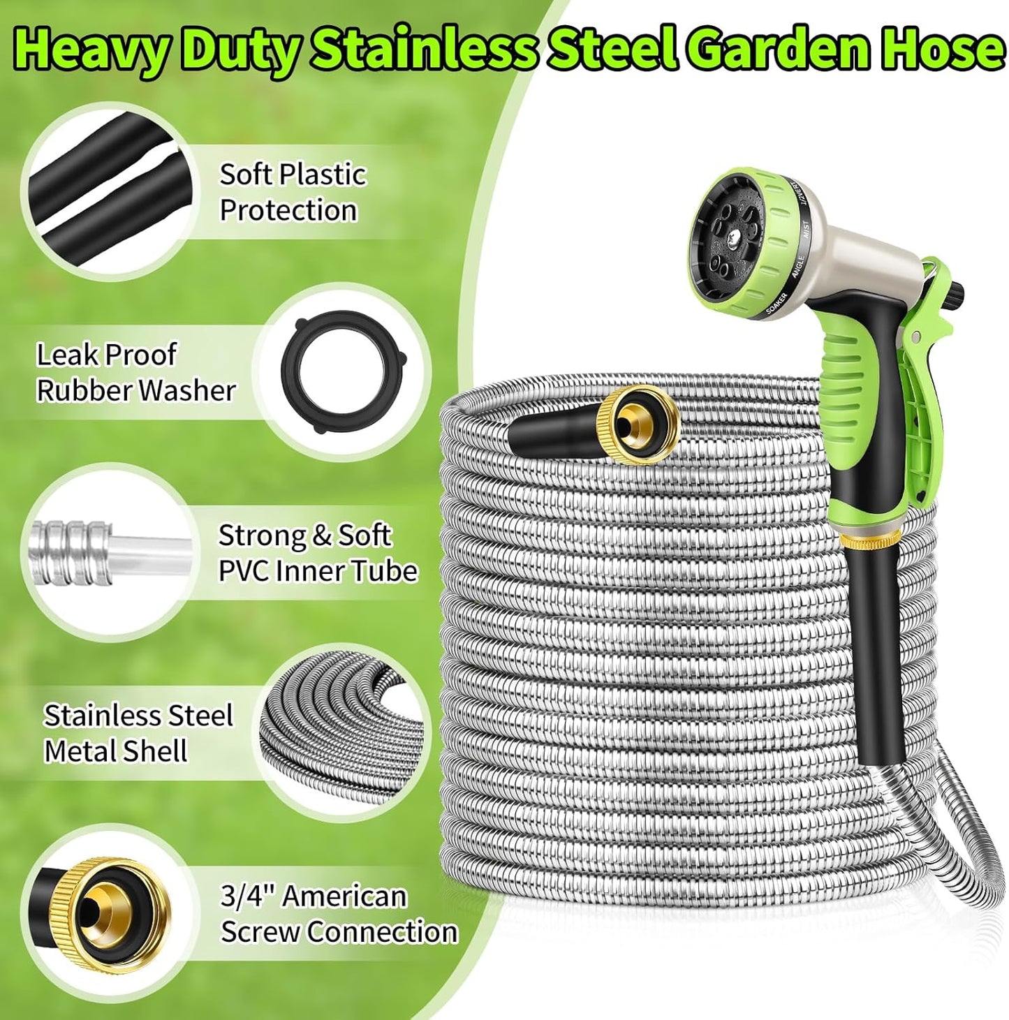 75FT Garden Hose, Stainless Steel Water Hose, 10 Function Nozzle
