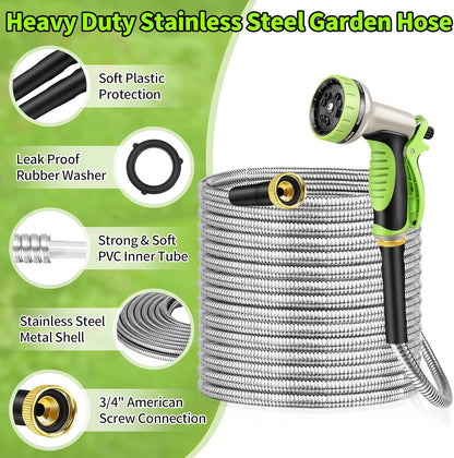 75FT Garden Hose, Stainless Steel Water Hose, 10 Function Nozzle