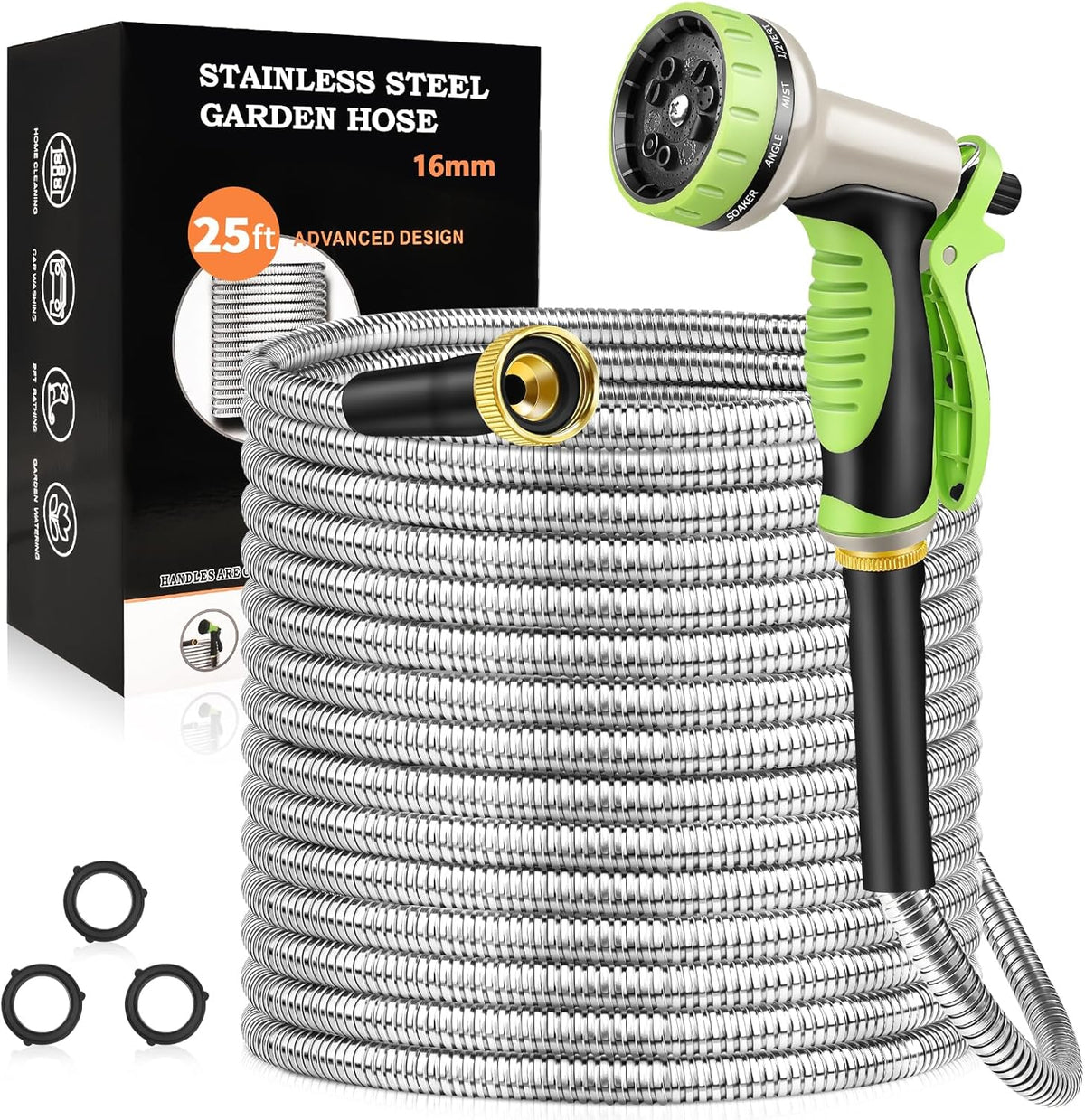 75FT Garden Hose, Stainless Steel Water Hose, 10 Function Nozzle