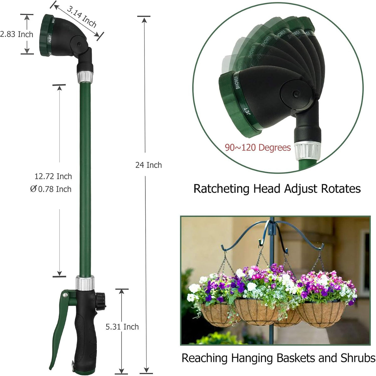 Watering Wand for Hanging Baskets & Windows, Lightweight 6-Spray Wand, Ergonomic Nozzle for Garden, Patio, Car Cleaning (Silver- Black, 22 Inch)