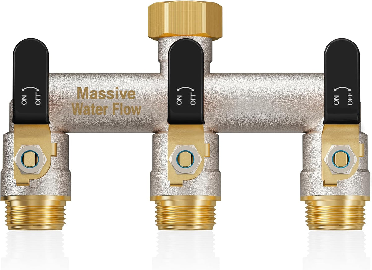 3 Way Hose Splitter Heavy Duty, Garden Hose Splitter with 3 Long Handle, Full Flow Brass Nickel Plated Water Hose T Spigot Splitter Adapter Connector, 3/4 - Inch GHT Thread (Black)