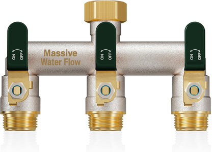 3 Way Hose Splitter Heavy Duty, Garden Hose Splitter with 3 Long Handle, Full Flow Brass Nickel Plated Water Hose T Spigot Splitter Adapter Connector, 3/4 - Inch GHT Thread (Black)
