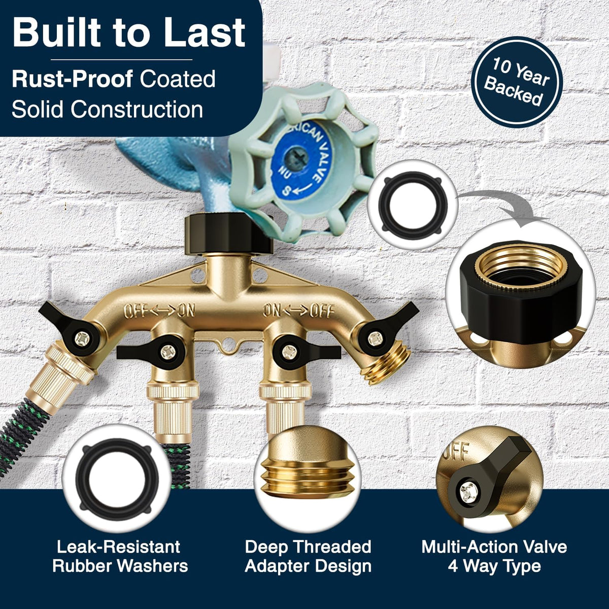 Heavy Duty Brass Garden Hose Splitter 2 Way for Water Spigot