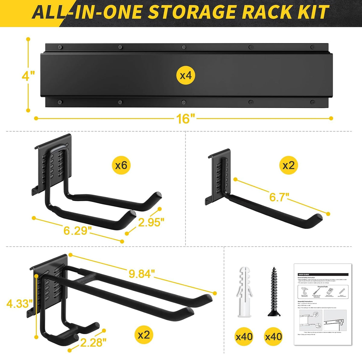 48" Garage Tool Organizer Wall Mount, 440lbs Garden Garage Storage Garage Organization with Adjustable Heavy Duty Hanging Hooks, Yard Rack Hanger System Shovel Rake Broom Ladder Holder, Men Gift