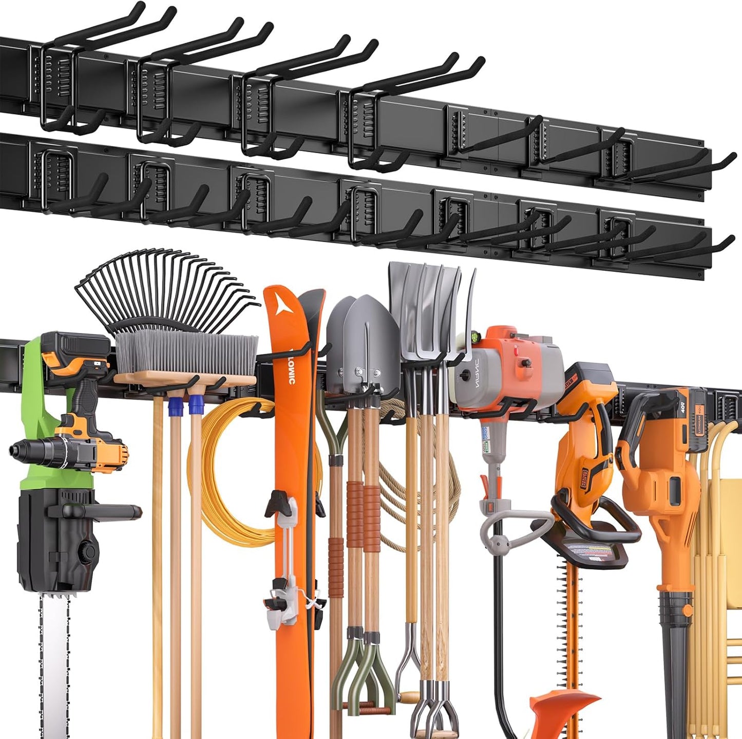 48" Garage Tool Organizer Wall Mount, 440lbs Garden Garage Storage Garage Organization with Adjustable Heavy Duty Hanging Hooks, Yard Rack Hanger System Shovel Rake Broom Ladder Holder, Men Gift