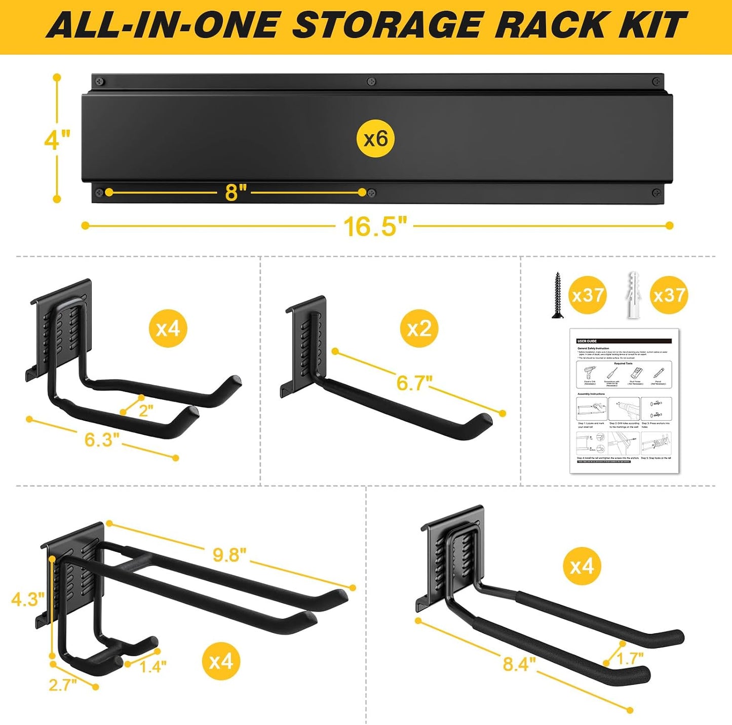 48" Garage Tool Organizer Wall Mount, 440lbs Garden Garage Storage Garage Organization with Adjustable Heavy Duty Hanging Hooks, Yard Rack Hanger System Shovel Rake Broom Ladder Holder, Men Gift