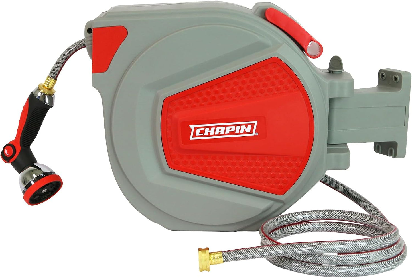 5999: 65 ft. Retractable Garden Hose Reel, Wall Mounted Heavy-Duty Case and 180° Swivel Frame Mount, Auto Retract and Locking Hose, w/ 10 Position Metal Garden Hose Spray Nozzle