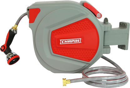 5999: 65 ft. Retractable Garden Hose Reel, Wall Mounted Heavy-Duty Case and 180° Swivel Frame Mount, Auto Retract and Locking Hose, w/ 10 Position Metal Garden Hose Spray Nozzle