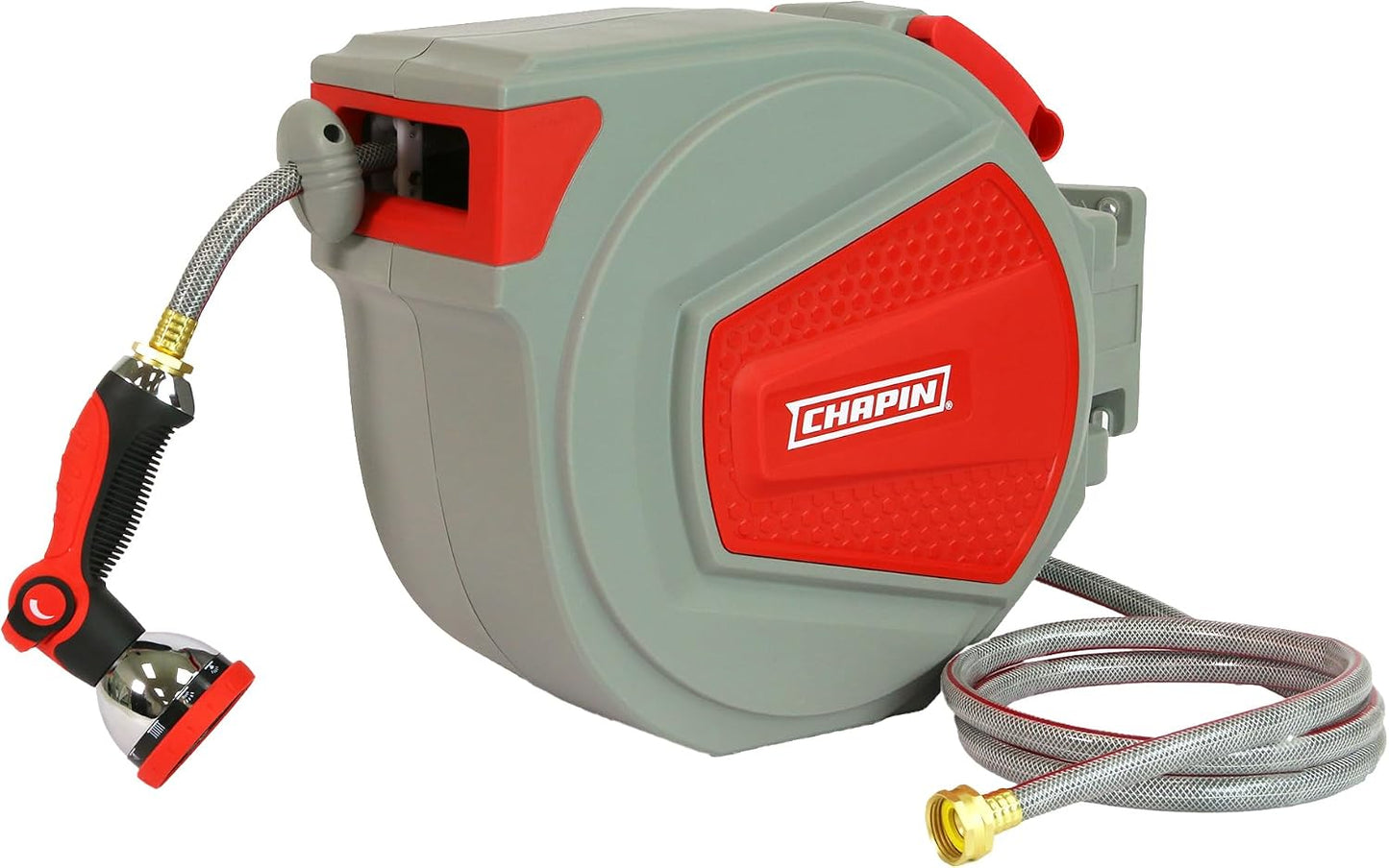 5999: 65 ft. Retractable Garden Hose Reel, Wall Mounted Heavy-Duty Case and 180° Swivel Frame Mount, Auto Retract and Locking Hose, w/ 10 Position Metal Garden Hose Spray Nozzle