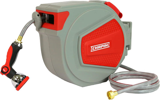 5999: 65 ft. Retractable Garden Hose Reel, Wall Mounted Heavy-Duty Case and 180° Swivel Frame Mount, Auto Retract and Locking Hose, w/ 10 Position Metal Garden Hose Spray Nozzle