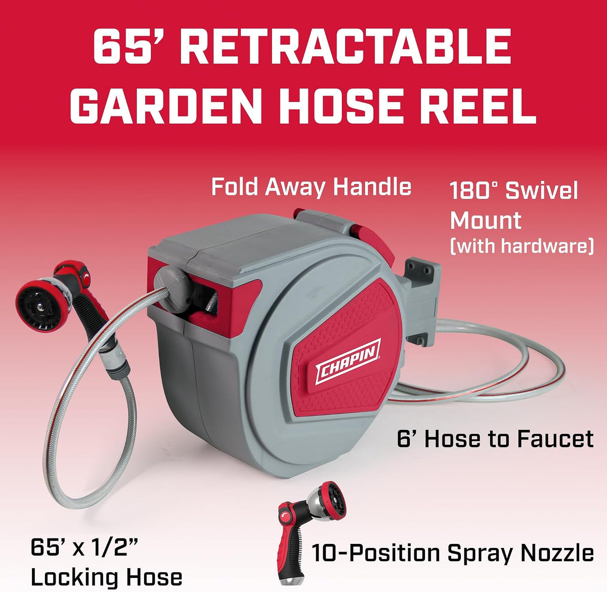 5999: 65 ft. Retractable Garden Hose Reel, Wall Mounted Heavy-Duty Case and 180° Swivel Frame Mount, Auto Retract and Locking Hose, w/ 10 Position Metal Garden Hose Spray Nozzle