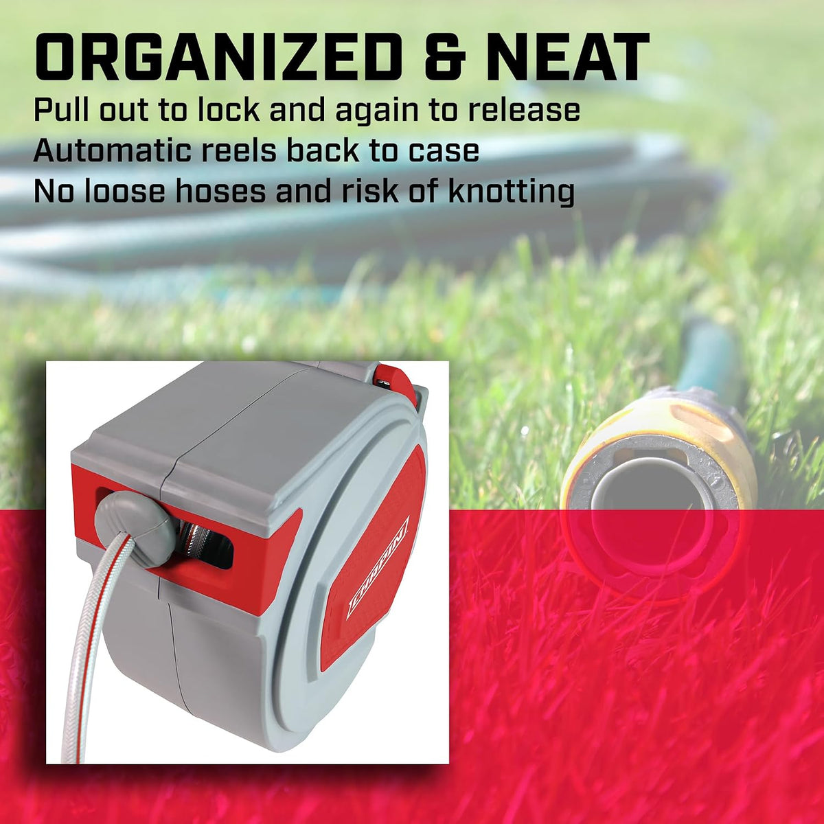 5999: 65 ft. Retractable Garden Hose Reel, Wall Mounted Heavy-Duty Case and 180° Swivel Frame Mount, Auto Retract and Locking Hose, w/ 10 Position Metal Garden Hose Spray Nozzle
