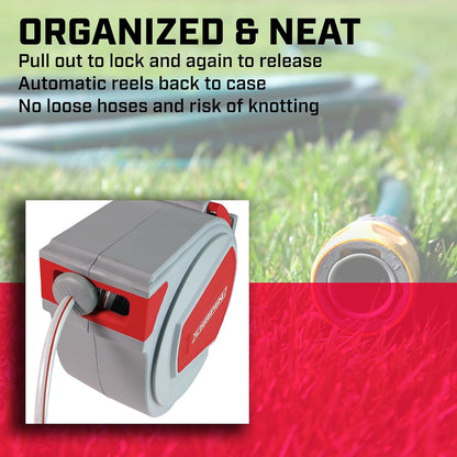 5999: 65 ft. Retractable Garden Hose Reel, Wall Mounted Heavy-Duty Case and 180° Swivel Frame Mount, Auto Retract and Locking Hose, w/ 10 Position Metal Garden Hose Spray Nozzle