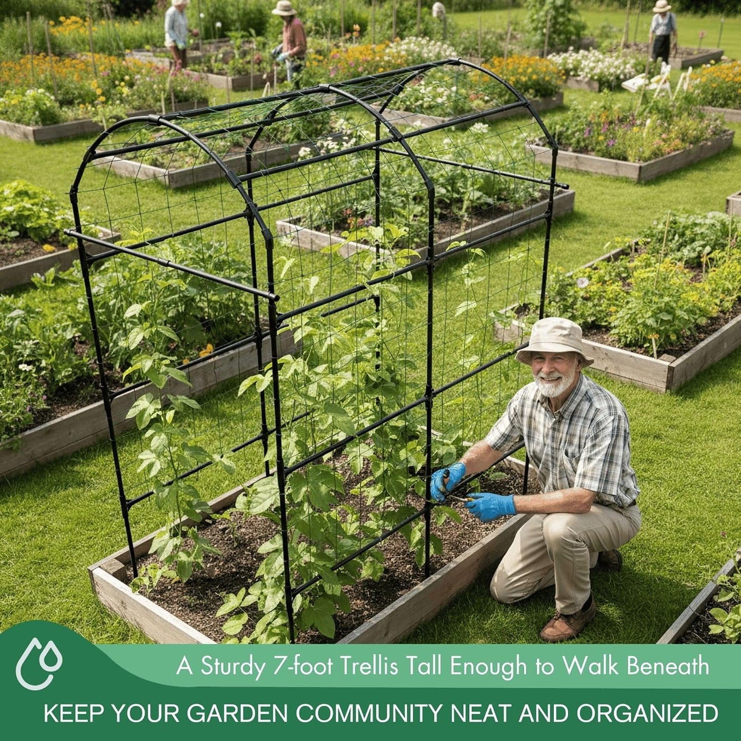 Garden Trellis Arch 7FT PP-Coated Stainless Steel Metal Extra Tall Cucumber Trellis Arch Garden Arch Trellis for Climbing Plants Outdoor Vegetable Trellis with Trellis Netting