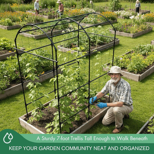 Garden Trellis Arch 7FT PP-Coated Stainless Steel Metal Extra Tall Cucumber Trellis Arch Garden Arch Trellis for Climbing Plants Outdoor Vegetable Trellis with Trellis Netting