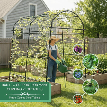 Garden Trellis Arch 7FT PP-Coated Stainless Steel Metal Extra Tall Cucumber Trellis Arch Garden Arch Trellis for Climbing Plants Outdoor Vegetable Trellis with Trellis Netting