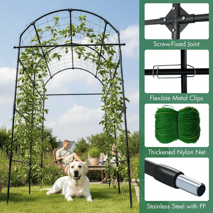 Garden Trellis Arch 7FT PP-Coated Stainless Steel Metal Extra Tall Cucumber Trellis Arch Garden Arch Trellis for Climbing Plants Outdoor Vegetable Trellis with Trellis Netting