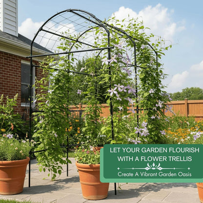 Garden Trellis Arch 7FT PP-Coated Stainless Steel Metal Extra Tall Cucumber Trellis Arch Garden Arch Trellis for Climbing Plants Outdoor Vegetable Trellis with Trellis Netting