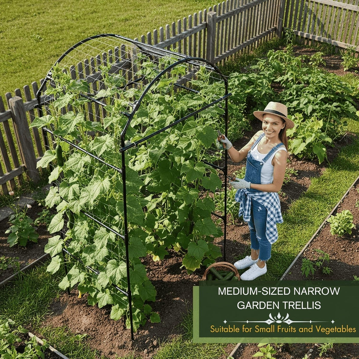 Garden Trellis Arch 7FT PP-Coated Stainless Steel Metal Extra Tall Cucumber Trellis Arch Garden Arch Trellis for Climbing Plants Outdoor Vegetable Trellis with Trellis Netting
