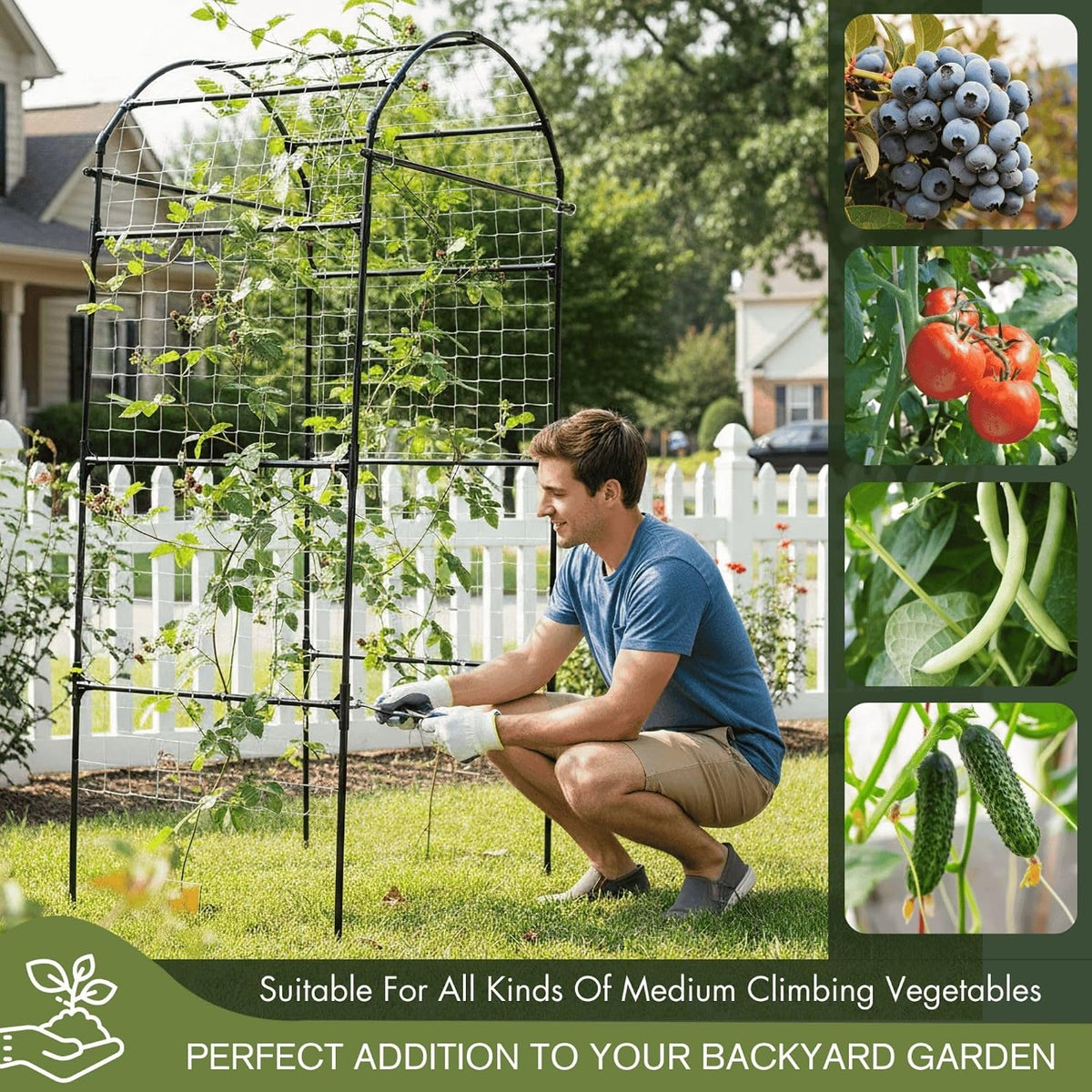 Garden Trellis Arch 7FT PP-Coated Stainless Steel Metal Extra Tall Cucumber Trellis Arch Garden Arch Trellis for Climbing Plants Outdoor Vegetable Trellis with Trellis Netting