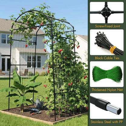 Garden Trellis Arch 7FT PP-Coated Stainless Steel Metal Extra Tall Cucumber Trellis Arch Garden Arch Trellis for Climbing Plants Outdoor Vegetable Trellis with Trellis Netting