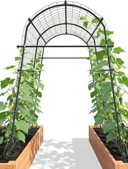 Garden Trellis Arch 7FT PP-Coated Stainless Steel Metal Extra Tall Cucumber Trellis Arch Garden Arch Trellis for Climbing Plants Outdoor Vegetable Trellis with Trellis Netting