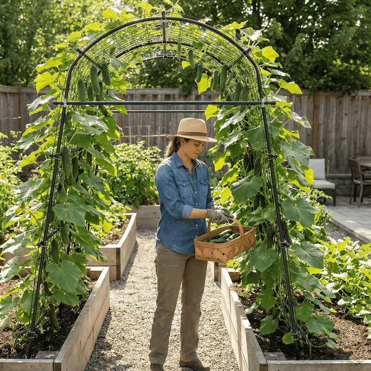 Garden Trellis Arch 7FT PP-Coated Stainless Steel Metal Extra Tall Cucumber Trellis Arch Garden Arch Trellis for Climbing Plants Outdoor Vegetable Trellis with Trellis Netting