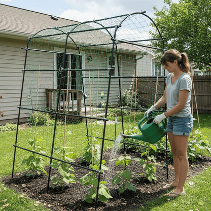 Garden Trellis Arch 7FT PP-Coated Stainless Steel Metal Extra Tall Cucumber Trellis Arch Garden Arch Trellis for Climbing Plants Outdoor Vegetable Trellis with Trellis Netting