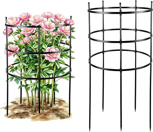2 Set Titan Peony Plant Support Stakes Black Metal Peonies Cages 17.7" D x 35.4" H Tomato Cages Rings Sturdy Garden Plants Support Trellis for Climbing Plants