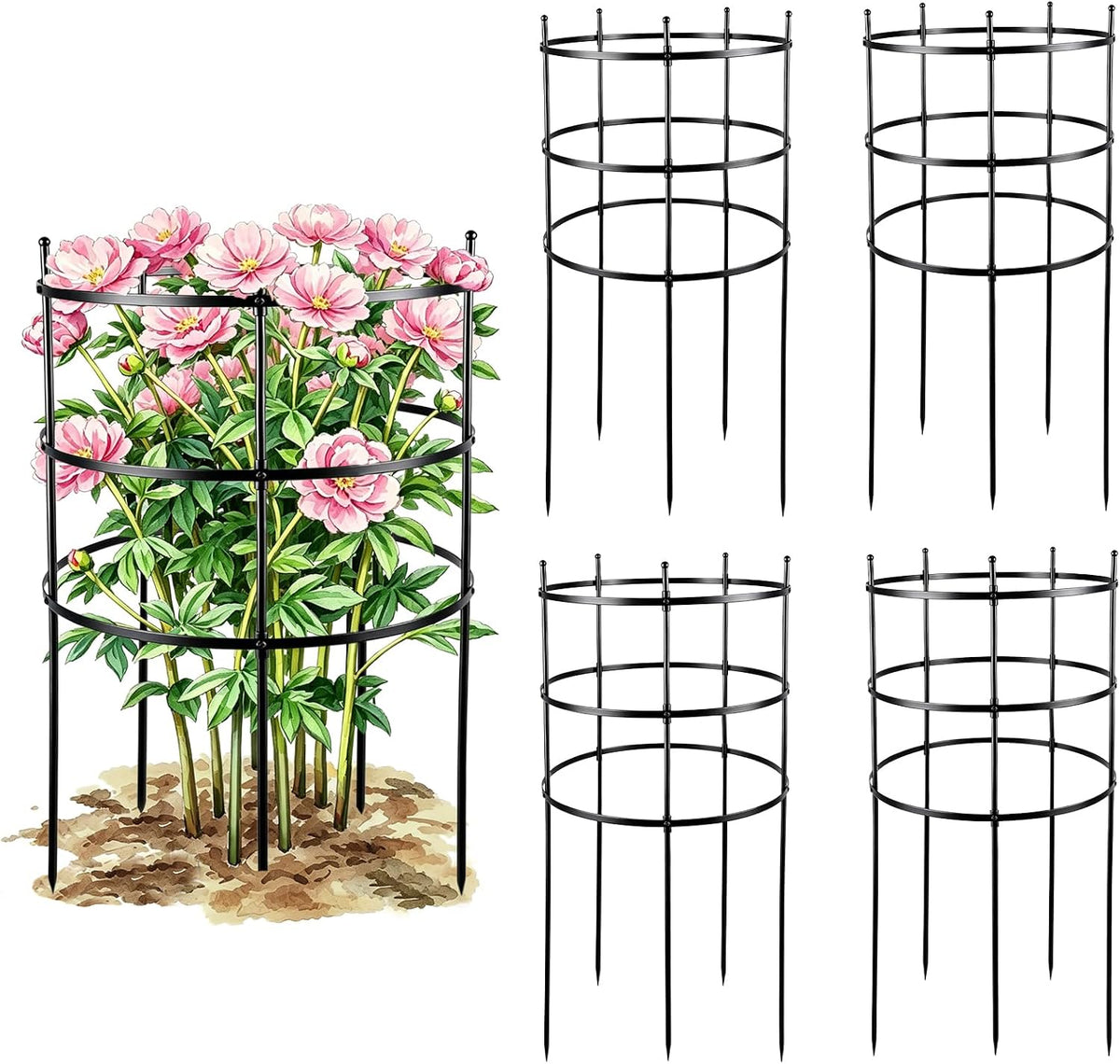 2 Set Titan Peony Plant Support Stakes Black Metal Peonies Cages 17.7" D x 35.4" H Tomato Cages Rings Sturdy Garden Plants Support Trellis for Climbing Plants
