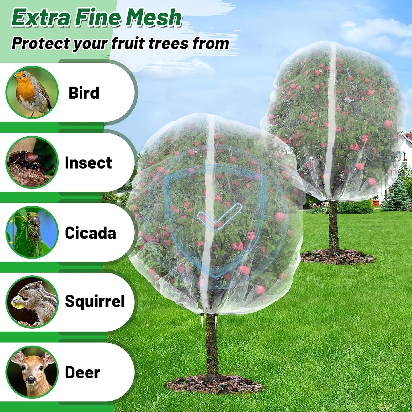 Easy Installation Fruit Tree Netting with Zipper & Drawstring - 6.2x6.2ft Ultra Fine Mesh Garden Protection Screen to Protect Pear Peach Apple from Bird Insect Bug Cicada Deer Squirrel - 2pcs