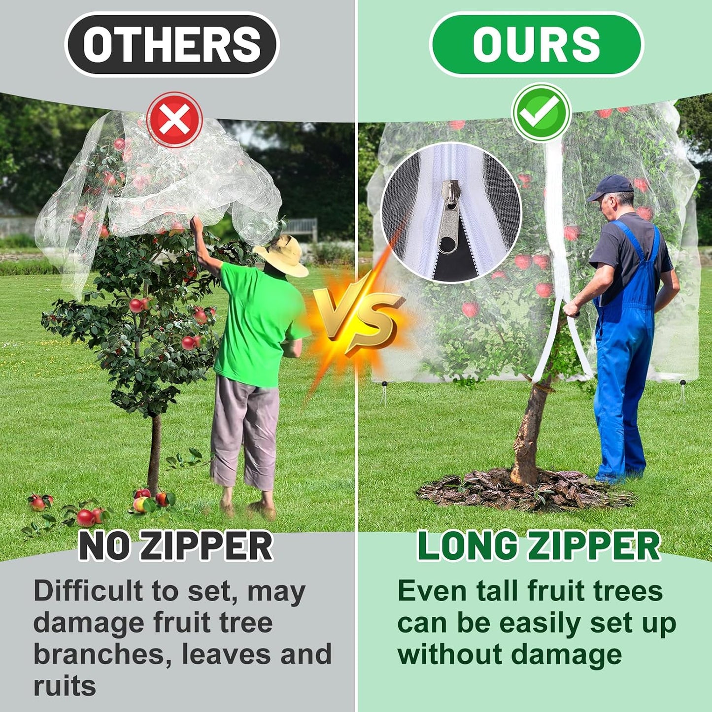 Easy Installation Fruit Tree Netting with Zipper & Drawstring - 6.2x6.2ft Ultra Fine Mesh Garden Protection Screen to Protect Pear Peach Apple from Bird Insect Bug Cicada Deer Squirrel - 2pcs