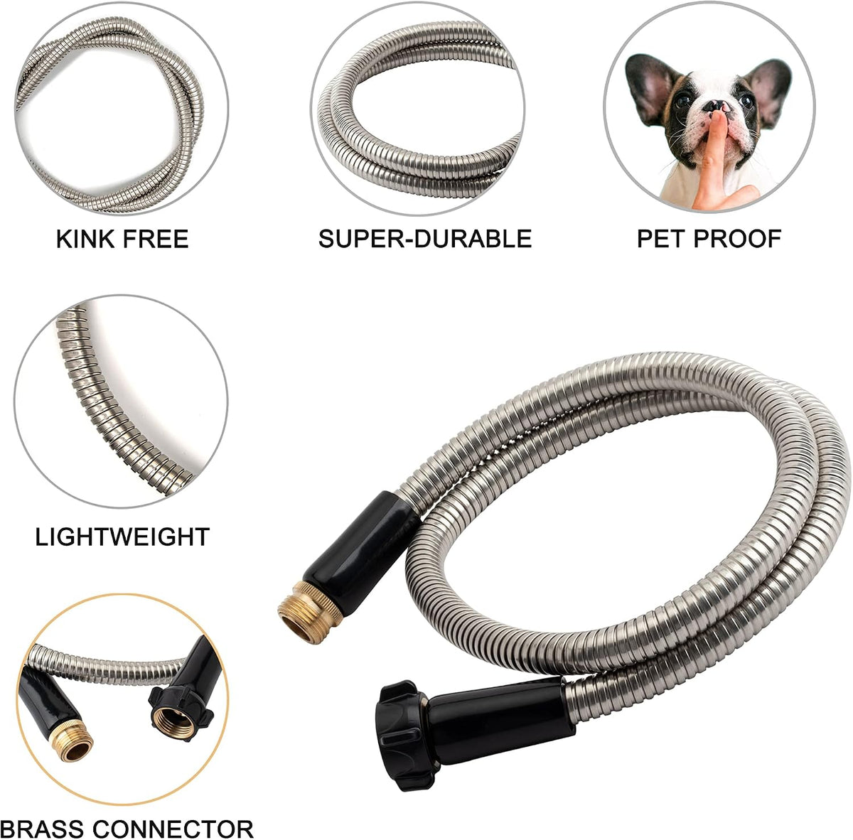 304 Stainless Steel 4ft Garden Hose with Female to Male Brass Connector, 18mm Outer Diameter Flexible & Lightweight Heavy Duty Short Water Hose for Outdoor (4 Feet)