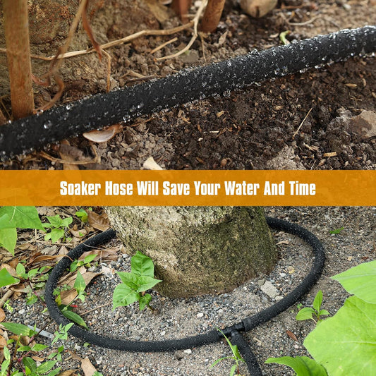 Soaker Hose 100FT 5/8" Diameter for Garden Beds Solid Brass Interface Irrigation Save 70% Water Heavy Duty Rubber Great for gardens/flower beds
