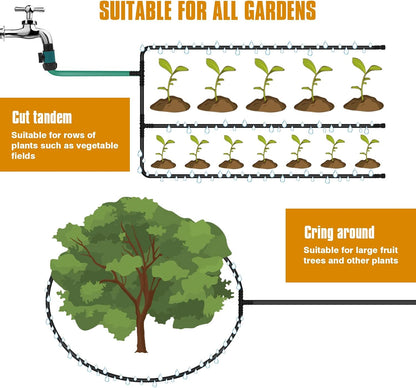 Soaker Hose 100FT 5/8" Diameter for Garden Beds Solid Brass Interface Irrigation Save 70% Water Heavy Duty Rubber Great for gardens/flower beds
