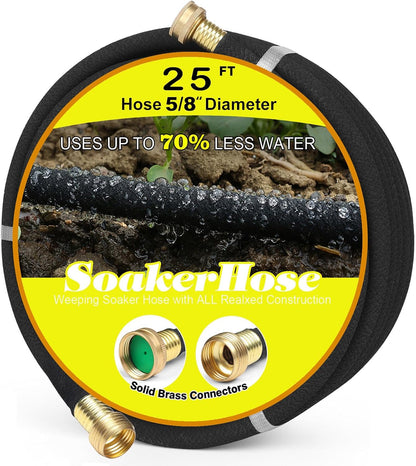 Soaker Hose 100FT 5/8" Diameter for Garden Beds Solid Brass Interface Irrigation Save 70% Water Heavy Duty Rubber Great for gardens/flower beds