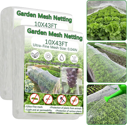 2PCS Insect Netting -10x43FT Fine Mesh Garden Protection Netting for Vegetables Plants Flowers Crops,Row Covers for Raised Bed from Birds Deer Squirrels Barrier Pest