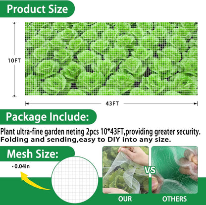 2PCS Insect Netting -10x43FT Fine Mesh Garden Protection Netting for Vegetables Plants Flowers Crops,Row Covers for Raised Bed from Birds Deer Squirrels Barrier Pest