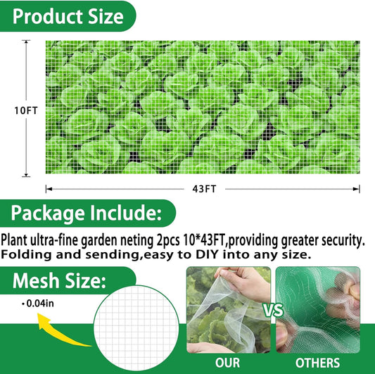 2PCS Insect Netting -10x43FT Fine Mesh Garden Protection Netting for Vegetables Plants Flowers Crops,Row Covers for Raised Bed from Birds Deer Squirrels Barrier Pest