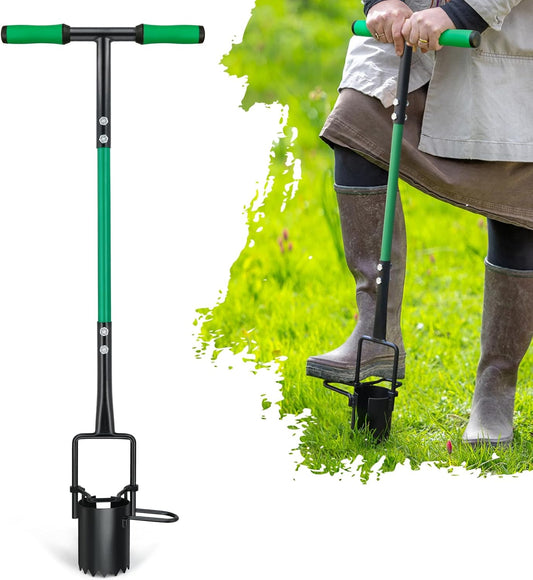 Bulb Planter Tool Long Handle, Sod Plugger with Serrated Base and Non-Slip Soft Grip Handle, 5-in-1 Grass Plug Tool for Digging Holes to Grass Repair, Plant Blubs
