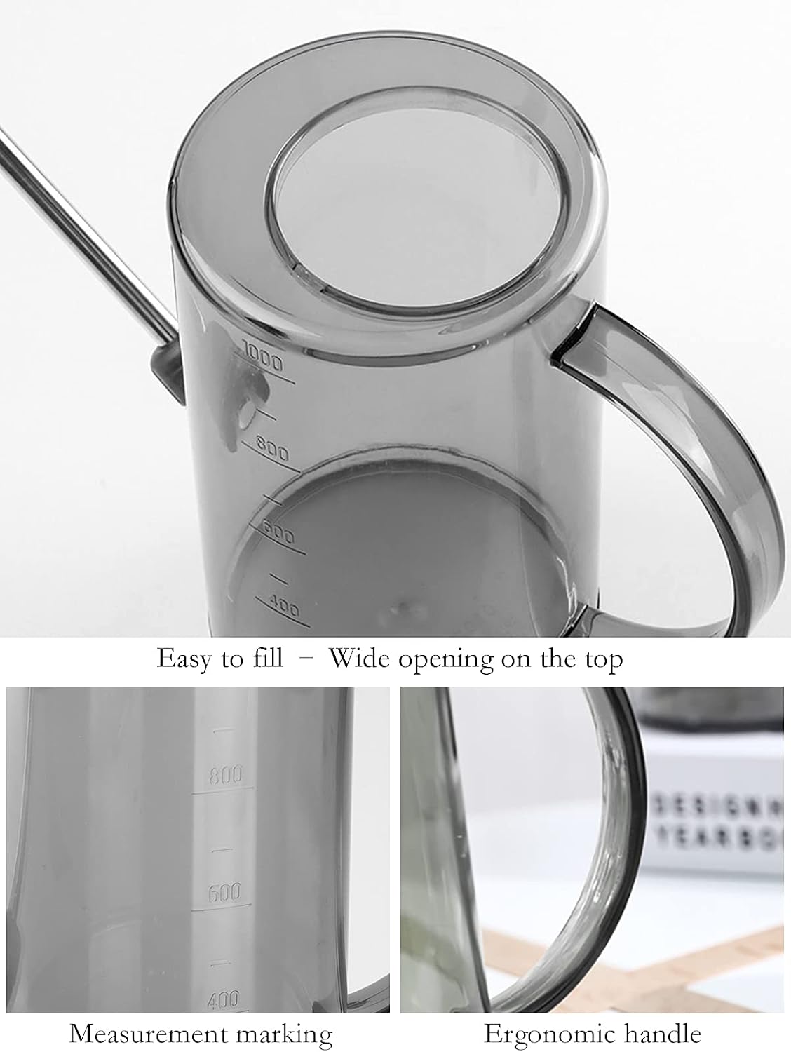 Plastic Watering Can, Plant Watering Can with Stainless Steel Long Spout, 1L/34oz Clear Measurement Markings, Long Spout Watering Can for Indoor Plants, House Plants and Flowers Easy Fill-Grey